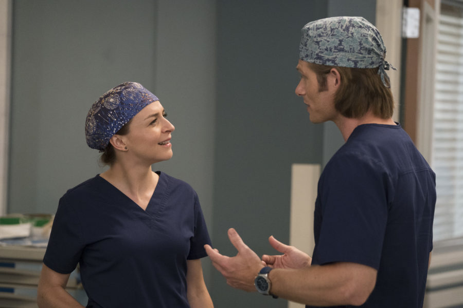 GREY'S ANATOMY - "Gut Feeling" - Meredith works on a patient who happens to specialize in matchmaking, and a seemingly drunk patient pushes Richard's buttons and gives him a medical mystery to solve. Meanwhile, Maggie tries to reach Teddy after bearing the burden of her secret becomes overwhelming as she struggles with issues in her own personal life on "Grey's Anatomy," THURSDAY, OCT. 4 (8:00-9:01 p.m. EDT), on The ABC Television Network. (ABC/Mitch Haaseth) CATERINA SCORSONE, CHRIS CARMACK